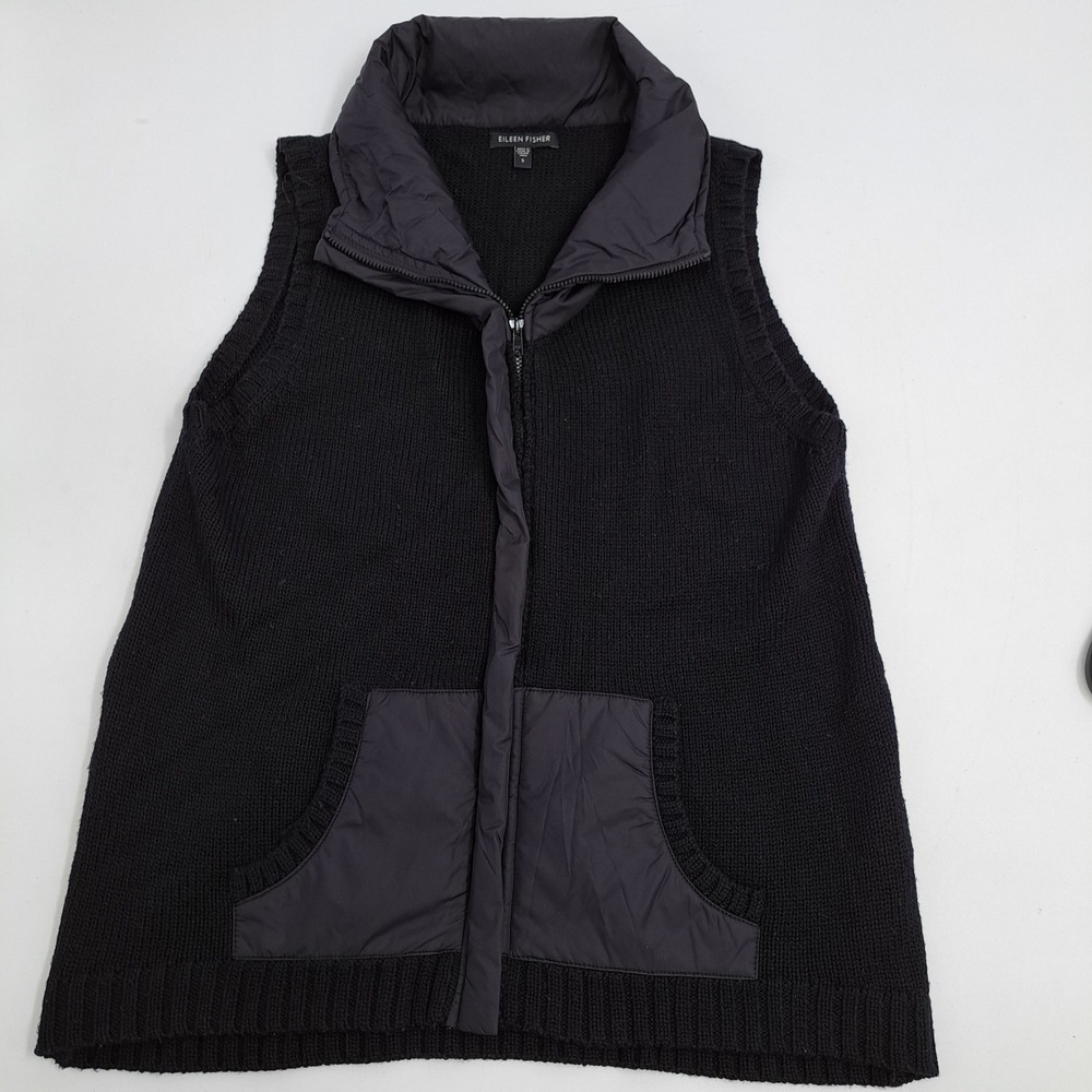 Eileen Fisher Merino Wool Mixed Media Vest Womens S Black Nylon Trim Zip Front